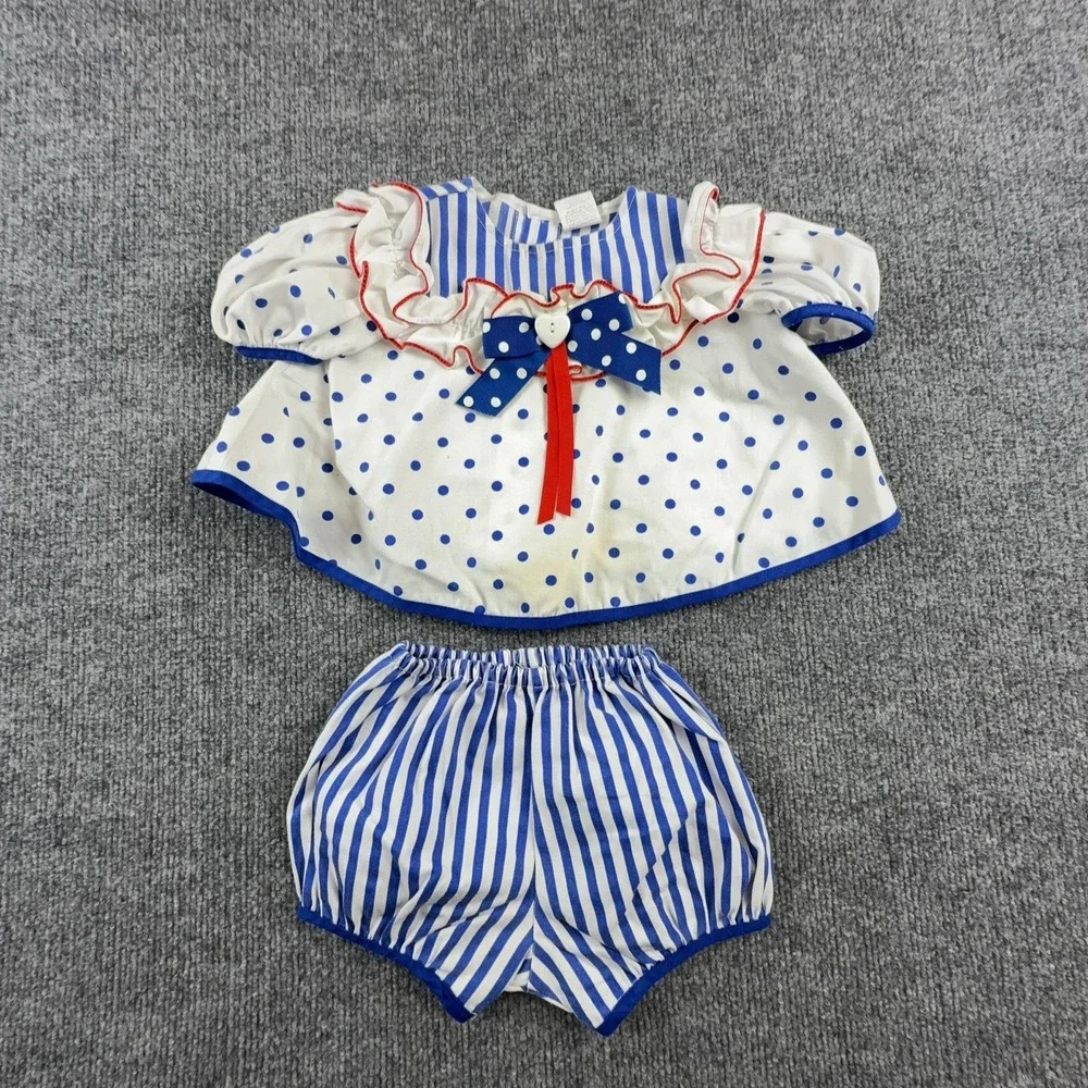 VTG Polka Dot Outfit Set Girls 18-24M White Blue Top Shorts 2 Piece Bow Stripe